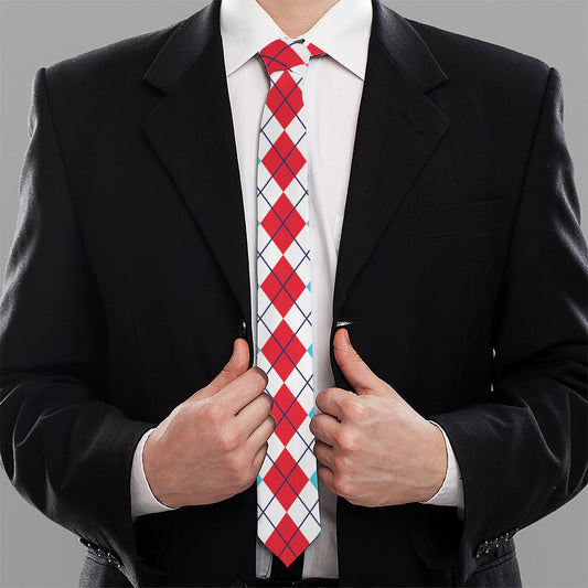 Red And Blue Argyle Pattern Print Necktie