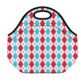 Red And Blue Argyle Pattern Print Neoprene Lunch Bag