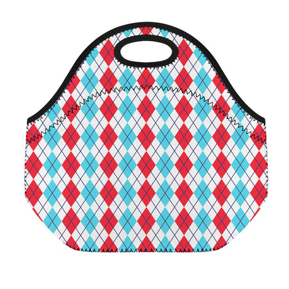 Red And Blue Argyle Pattern Print Neoprene Lunch Bag
