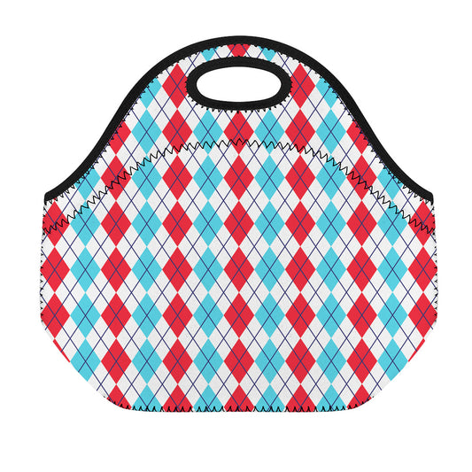 Red And Blue Argyle Pattern Print Neoprene Lunch Bag