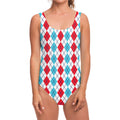 Red And Blue Argyle Pattern Print One Piece Swimsuit