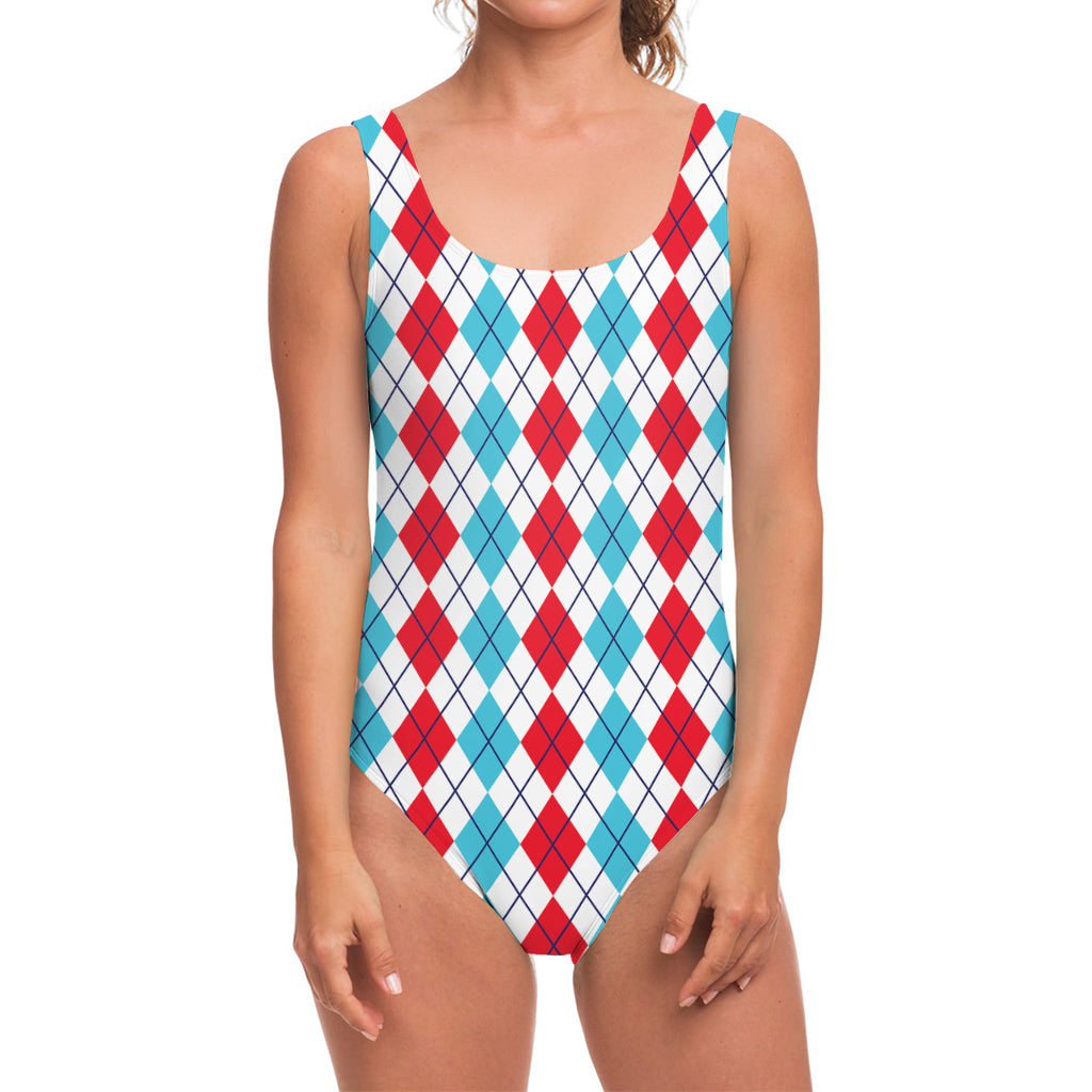 Red And Blue Argyle Pattern Print One Piece Swimsuit