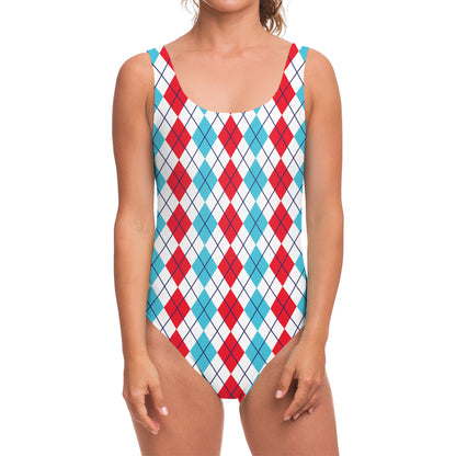 Red And Blue Argyle Pattern Print One Piece Swimsuit