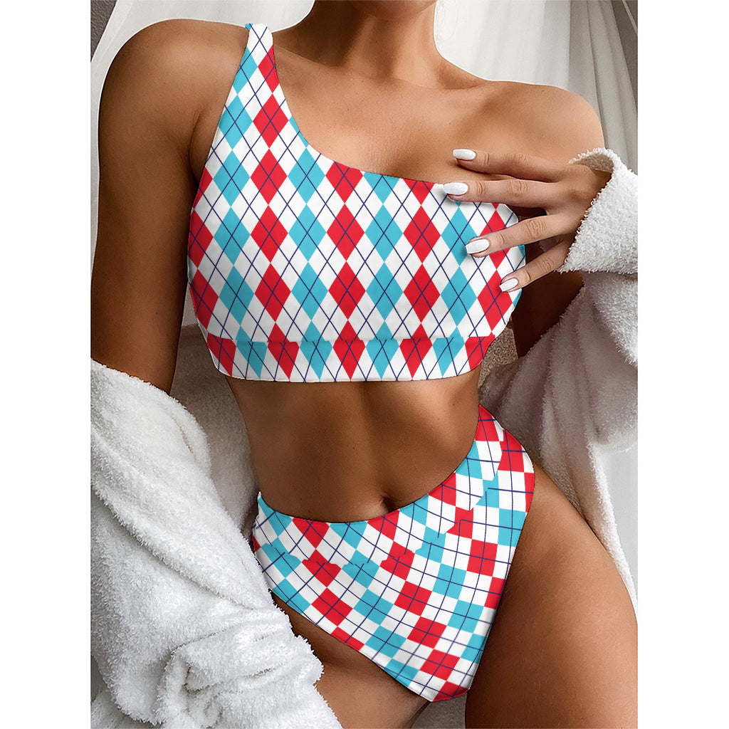 Red And Blue Argyle Pattern Print One Shoulder Bikini Top