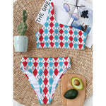 Red And Blue Argyle Pattern Print One Shoulder Bikini Top