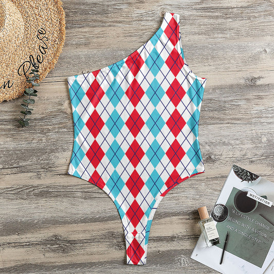 Red And Blue Argyle Pattern Print One Shoulder Bodysuit