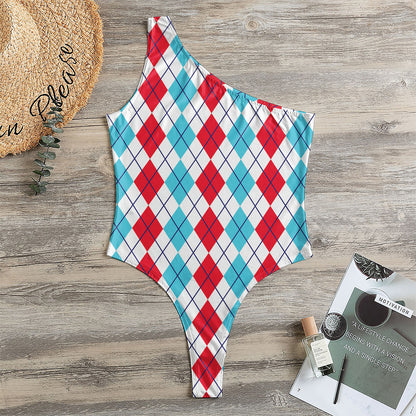 Red And Blue Argyle Pattern Print One Shoulder Bodysuit
