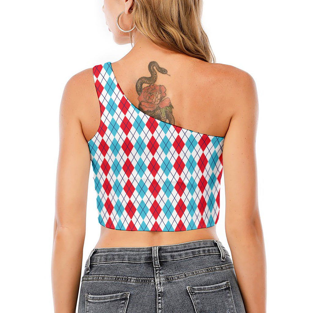 Red And Blue Argyle Pattern Print One Shoulder Crop Top
