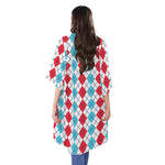 Red And Blue Argyle Pattern Print Open Front Beach Cover Up