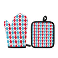 Red And Blue Argyle Pattern Print Oven Mitt And Pot Holder Set