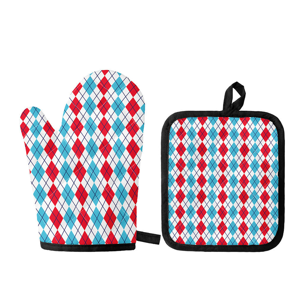 Red And Blue Argyle Pattern Print Oven Mitt And Pot Holder Set