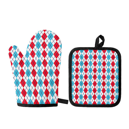 Red And Blue Argyle Pattern Print Oven Mitt And Pot Holder Set