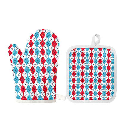 Red And Blue Argyle Pattern Print Oven Mitt And Pot Holder Set