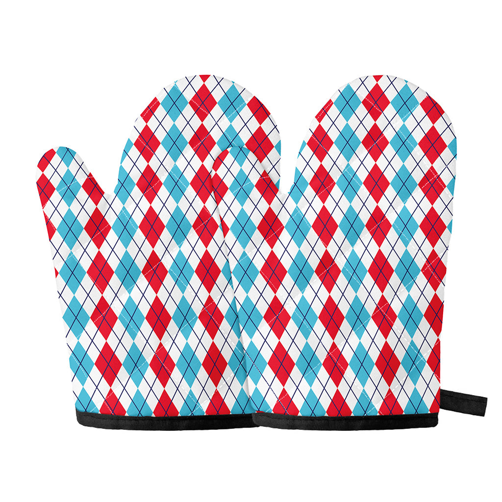 Red And Blue Argyle Pattern Print Oven Mitts