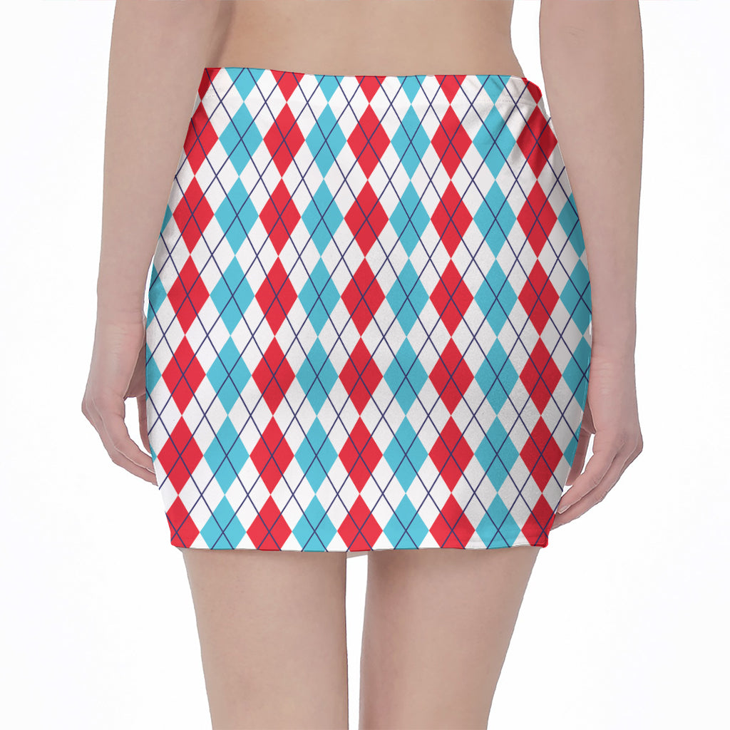Red And Blue Argyle Pattern Print Pencil Mini Skirt