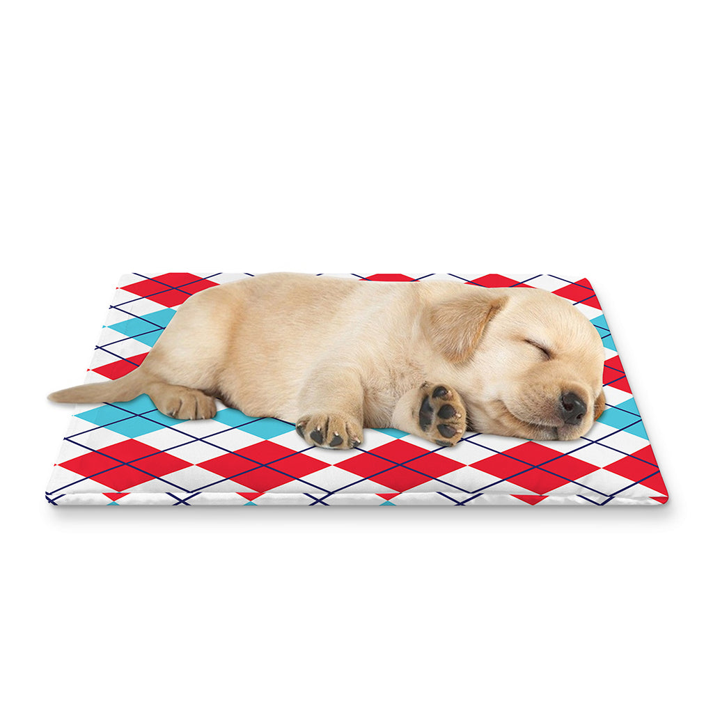 Red And Blue Argyle Pattern Print Pet Cooling Mat Cover