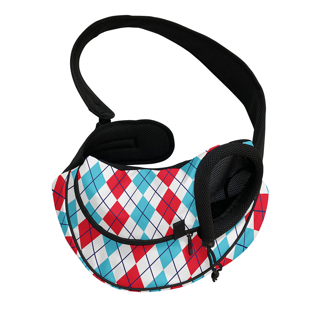 Red And Blue Argyle Pattern Print Pet Sling Carrier