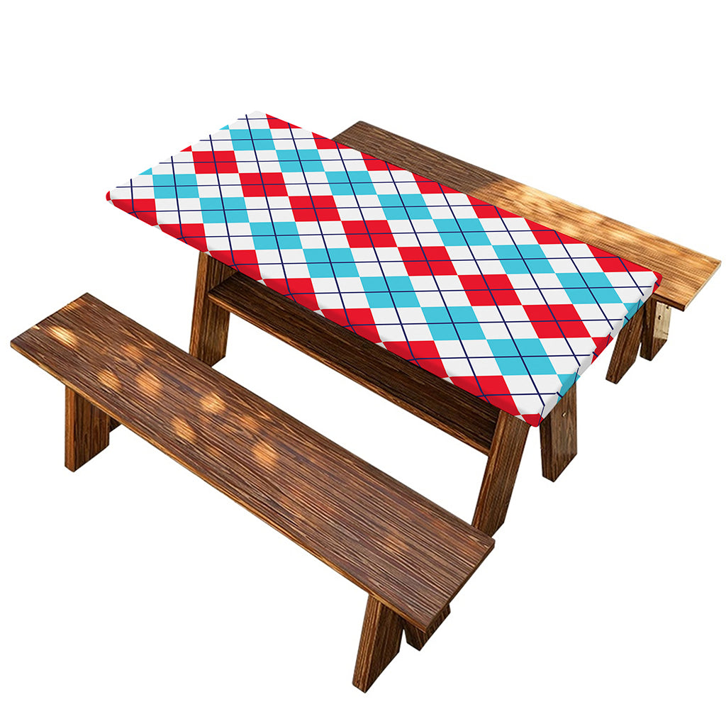 Red And Blue Argyle Pattern Print Picnic Table Cover