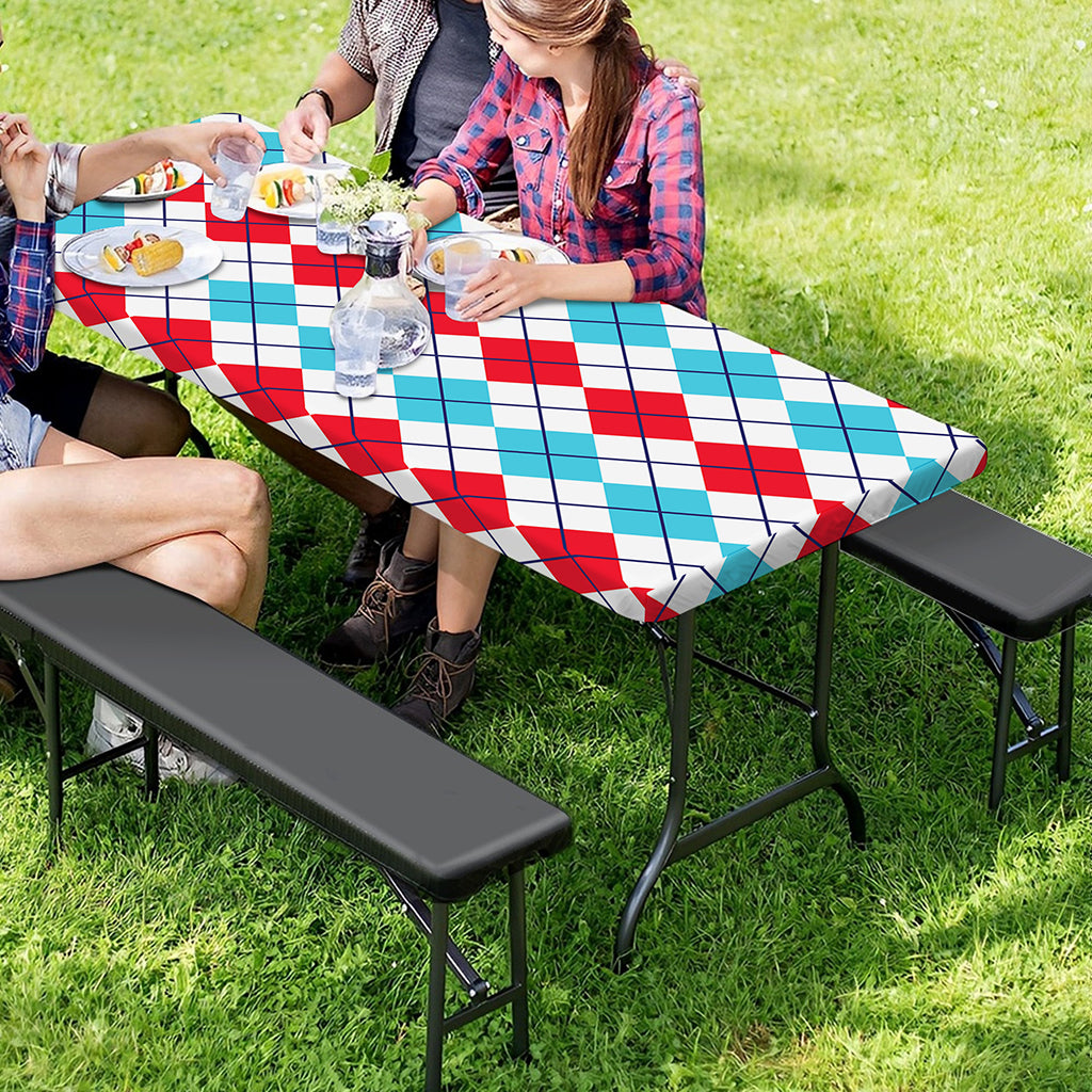 Red And Blue Argyle Pattern Print Picnic Table Cover