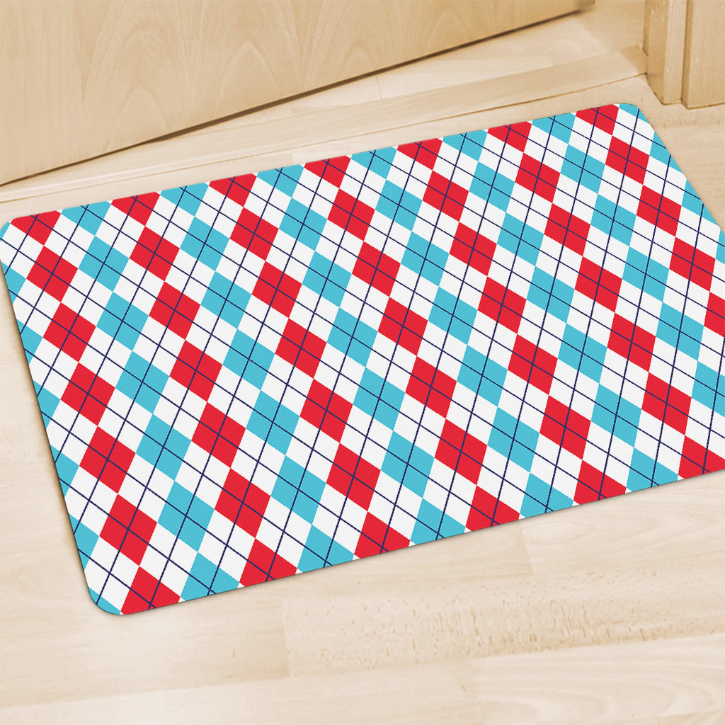 Red And Blue Argyle Pattern Print Polyester Doormat