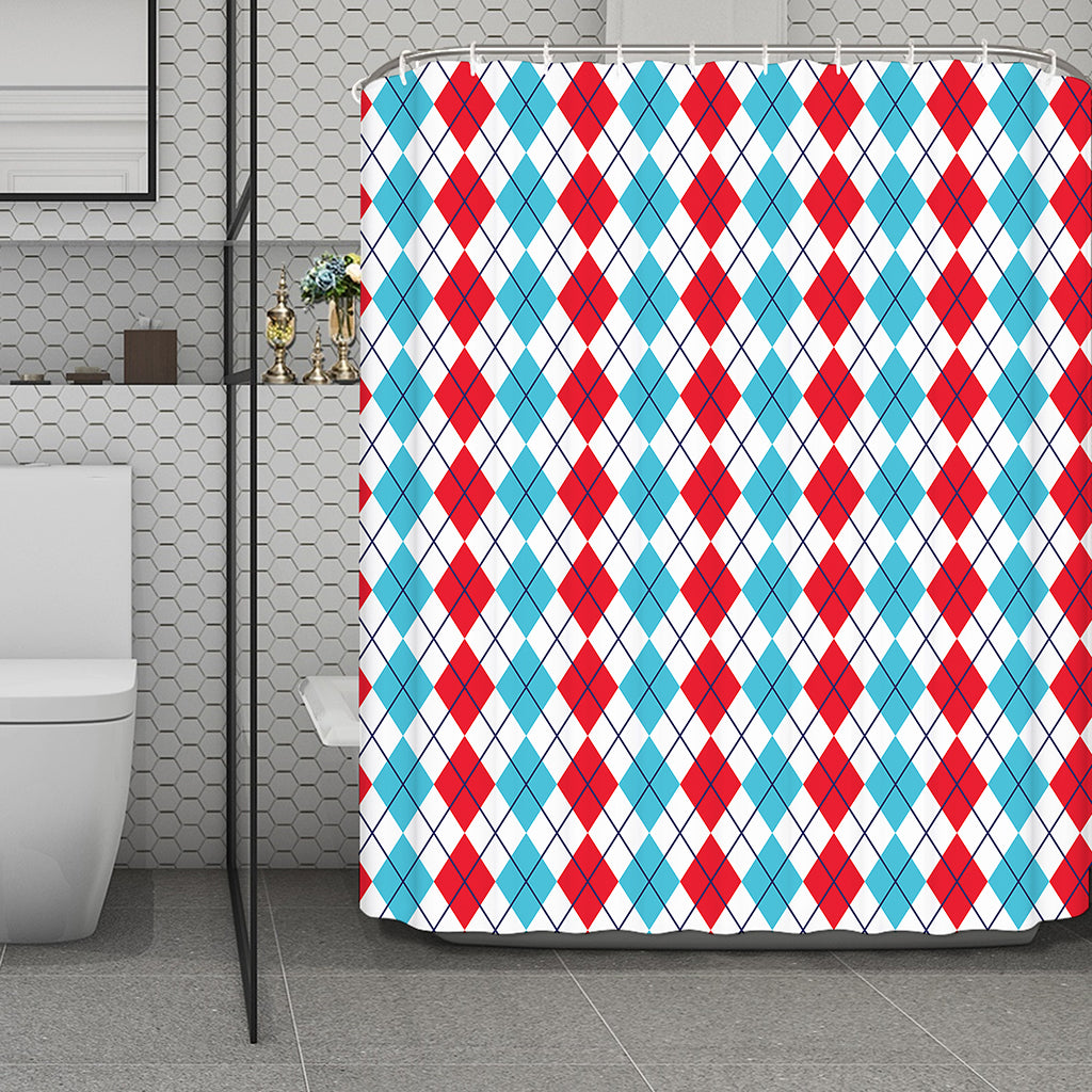 Red And Blue Argyle Pattern Print Polyester Shower Curtain