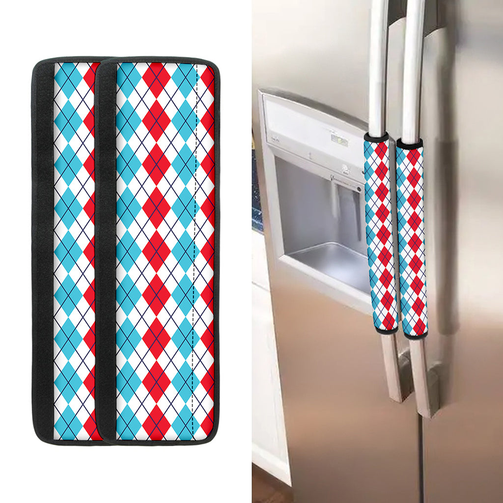 Red And Blue Argyle Pattern Print Refrigerator Handle Covers