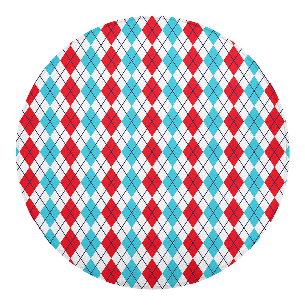 Red And Blue Argyle Pattern Print Round Blanket
