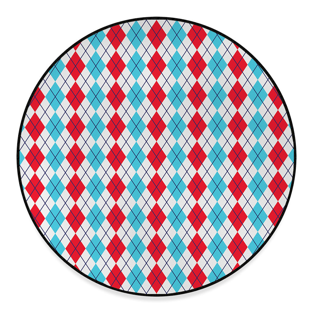 Red And Blue Argyle Pattern Print Round Floor Mat