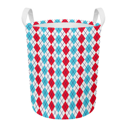 Red And Blue Argyle Pattern Print Round Laundry Basket