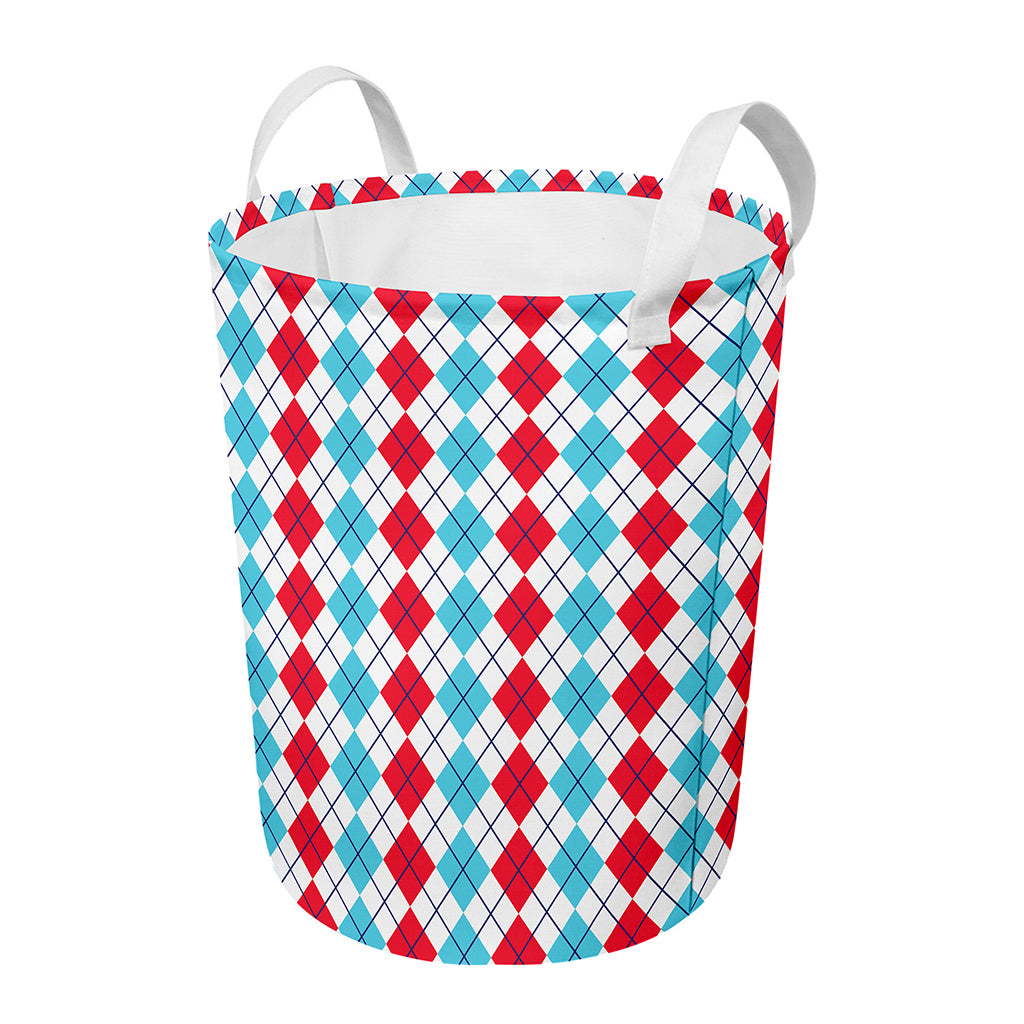 Red And Blue Argyle Pattern Print Round Laundry Basket
