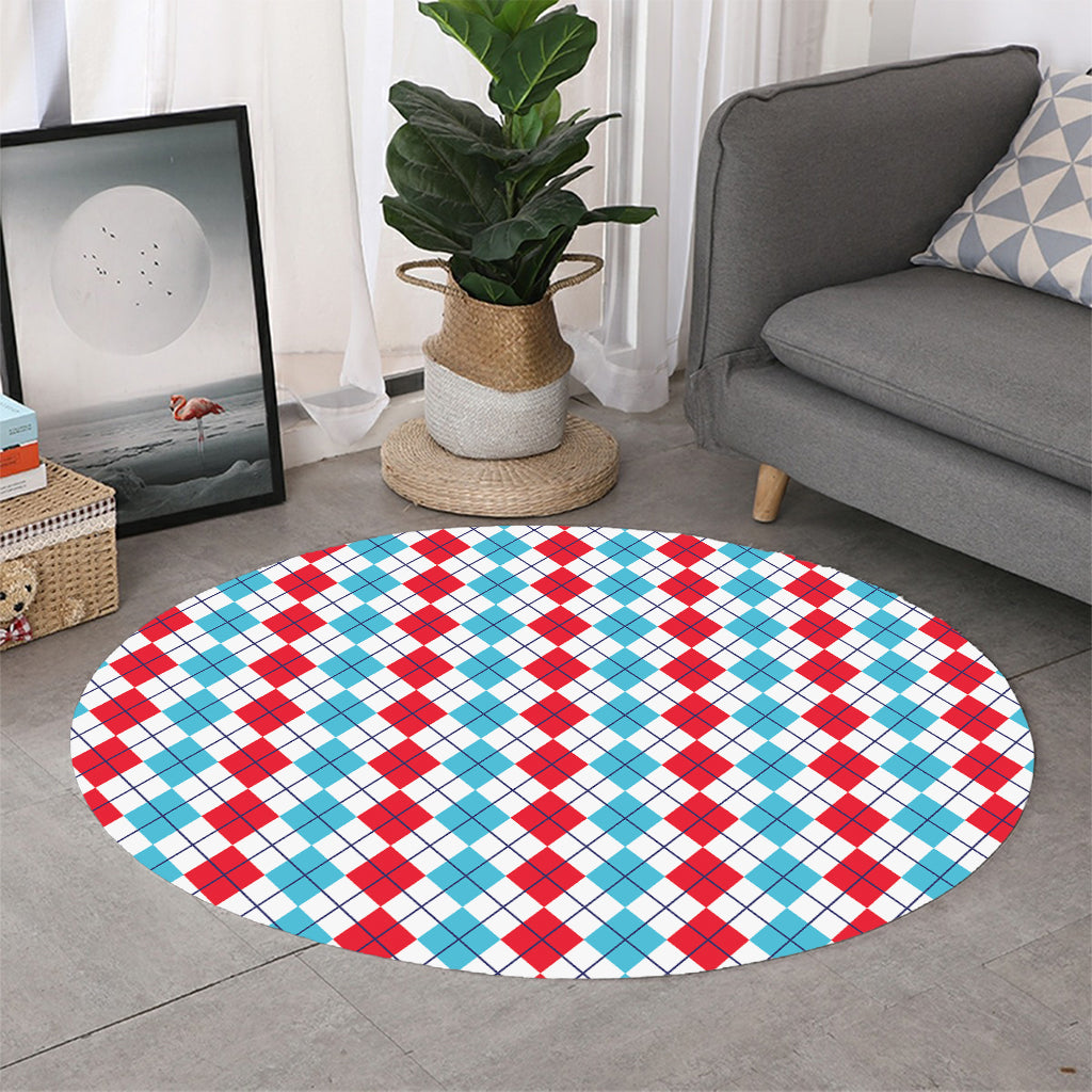 Red And Blue Argyle Pattern Print Round Rug