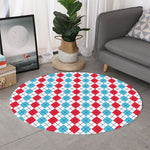 Red And Blue Argyle Pattern Print Round Rug