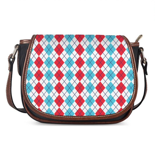 Red And Blue Argyle Pattern Print Saddle Bag