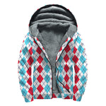 Red And Blue Argyle Pattern Print Sherpa Lined Zip Up Hoodie