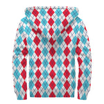 Red And Blue Argyle Pattern Print Sherpa Lined Zip Up Hoodie