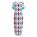 Red And Blue Argyle Pattern Print Short Sleeve Long Nightdress