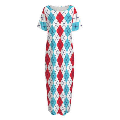 Red And Blue Argyle Pattern Print Short Sleeve Long Nightdress