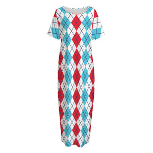 Red And Blue Argyle Pattern Print Short Sleeve Long Nightdress