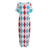 Red And Blue Argyle Pattern Print Short Sleeve Long Nightdress