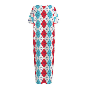 Red And Blue Argyle Pattern Print Short Sleeve Long Nightdress