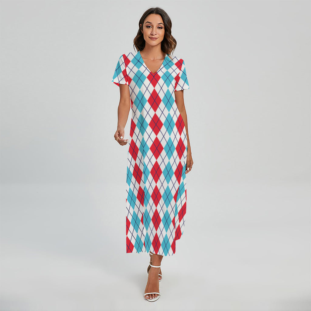 Red And Blue Argyle Pattern Print Short Sleeve Maxi Dress