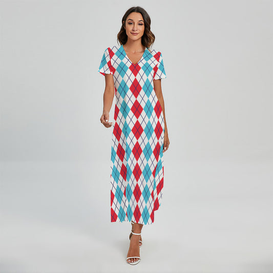 Red And Blue Argyle Pattern Print Short Sleeve Maxi Dress