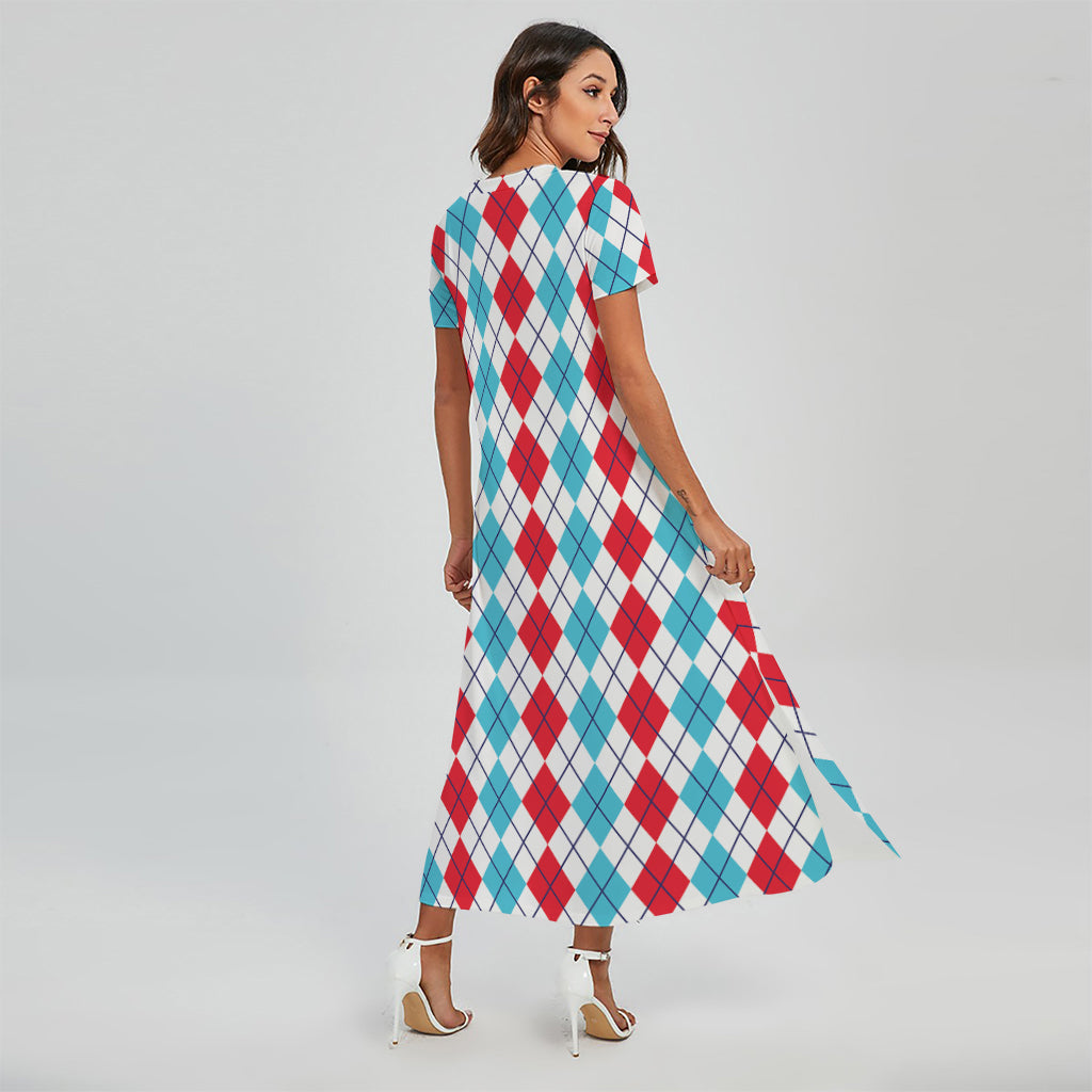 Red And Blue Argyle Pattern Print Short Sleeve Maxi Dress