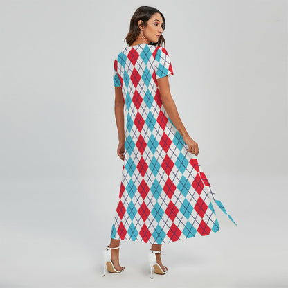 Red And Blue Argyle Pattern Print Short Sleeve Maxi Dress