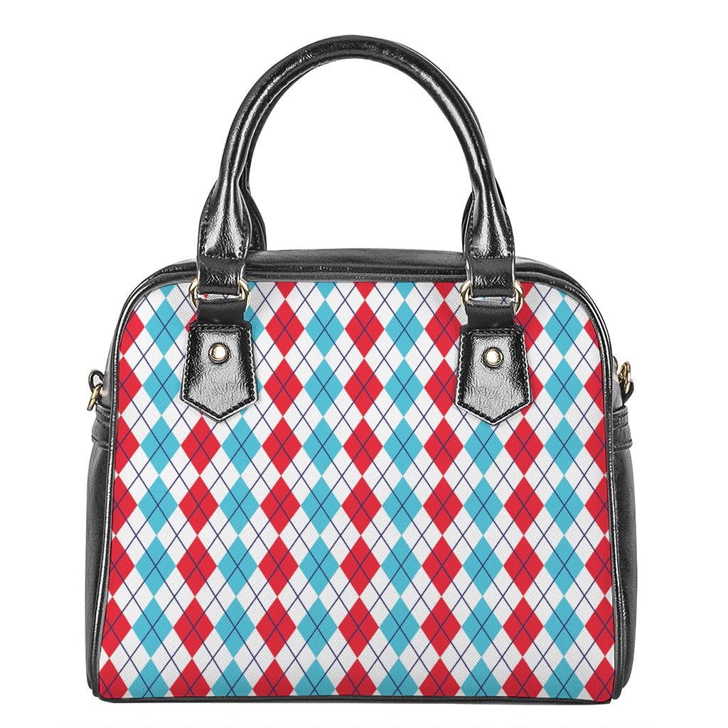 Red And Blue Argyle Pattern Print Shoulder Handbag
