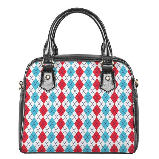 Red And Blue Argyle Pattern Print Shoulder Handbag