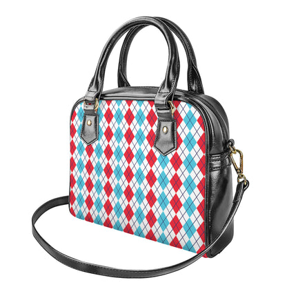 Red And Blue Argyle Pattern Print Shoulder Handbag