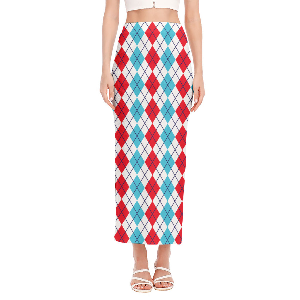 Red And Blue Argyle Pattern Print Side Slit Maxi Skirt