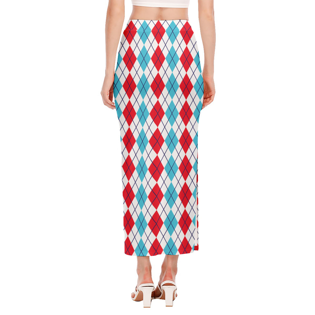 Red And Blue Argyle Pattern Print Side Slit Maxi Skirt
