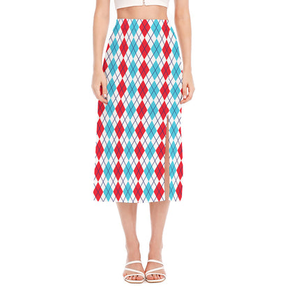 Red And Blue Argyle Pattern Print Side Slit Midi Skirt